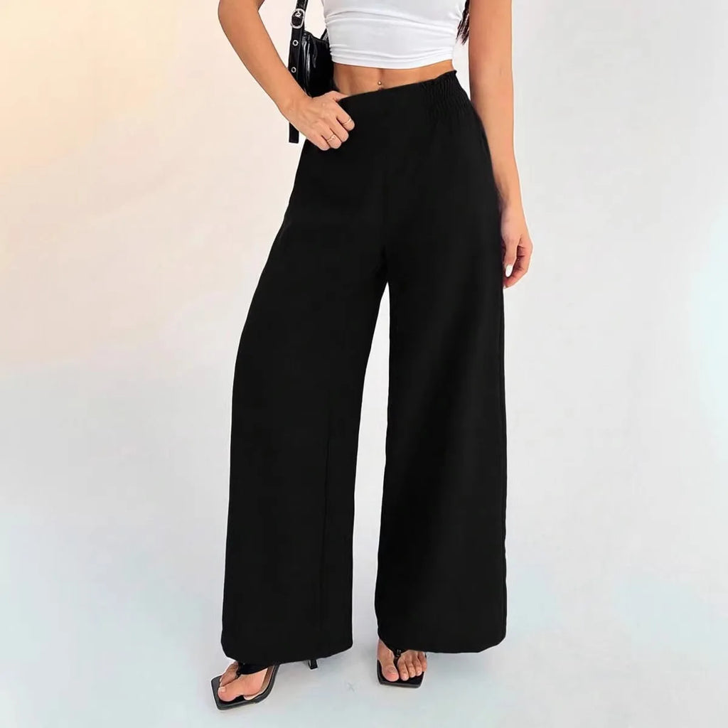 Cross-Border Women's Wide Leg Pants Elastic Pure Color Loose Fit Trousers Fresh Sweet Style Polyester Fabric Casual Pants