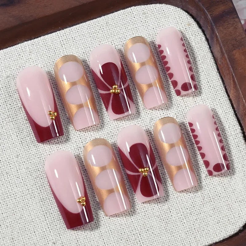 24Pcs Retro Flower Long Coffin French Fake Nails Caviar Bead Floral Gold Hollow Design Press On Nail Tips Y2k Acrylic 2030