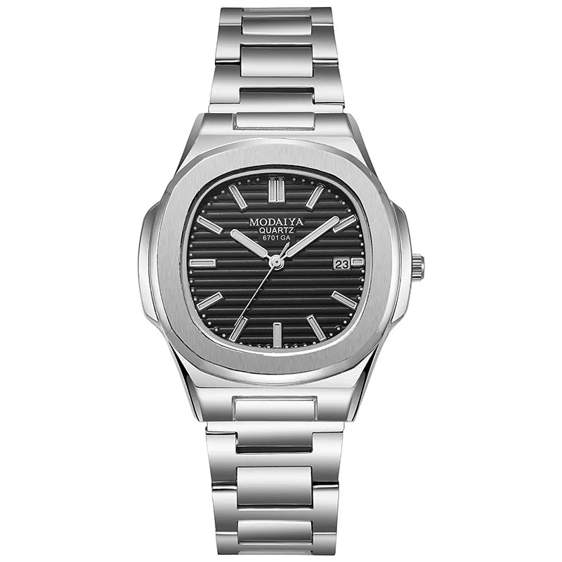 Fashion Luxury Business Square Quartz Watches Classic Stripe Design Dial with Stainless Steel Band Wristwatch for Men Relogio