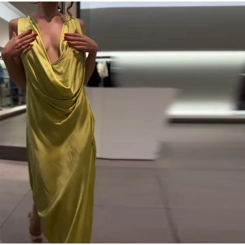 Elegant Pleated Backless Split Long Dress Women Sleeveless High Waist Green 2025 Summer New Holiday Party Dresses Street Robe