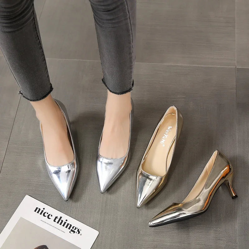 2026 New Lady Pointe Toe Gold Silver Pumps Female Wedding Bridal Shoes  Fashion Women Patent Leather High Heels Plus Size 45