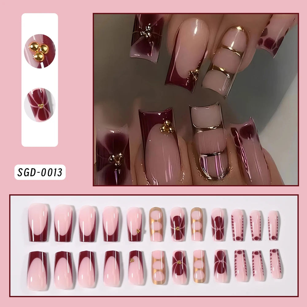 24Pcs Retro Flower Long Coffin French Fake Nails Caviar Bead Floral Gold Hollow Design Press On Nail Tips Y2k Acrylic 2030