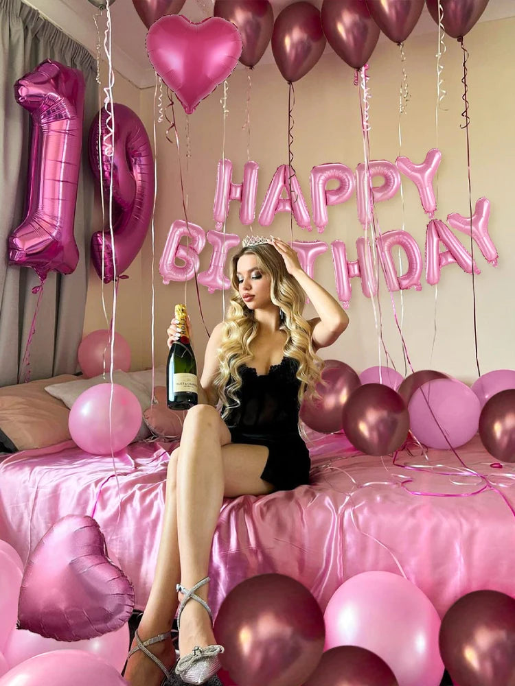 49pcs 16 inch pink happy birthday letter love aluminum film balloon set suitable for birthday party baby shower decoration