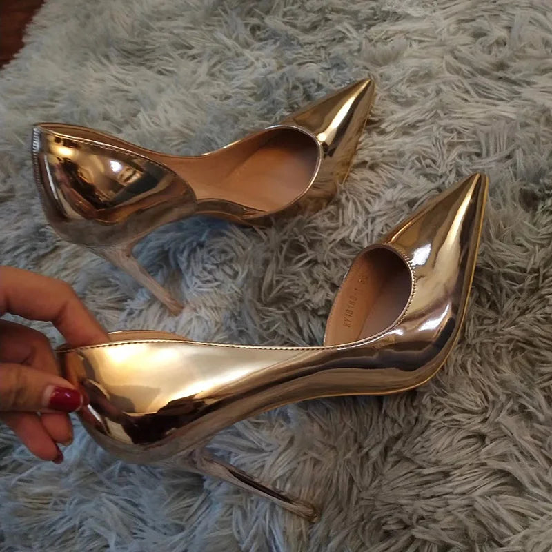 Women 10.5cm High Heels Pumps Lady Stripper Stiletto Metallic Leather Scarpins Wedding Heels Catwalk Party Silver Gold Shoes