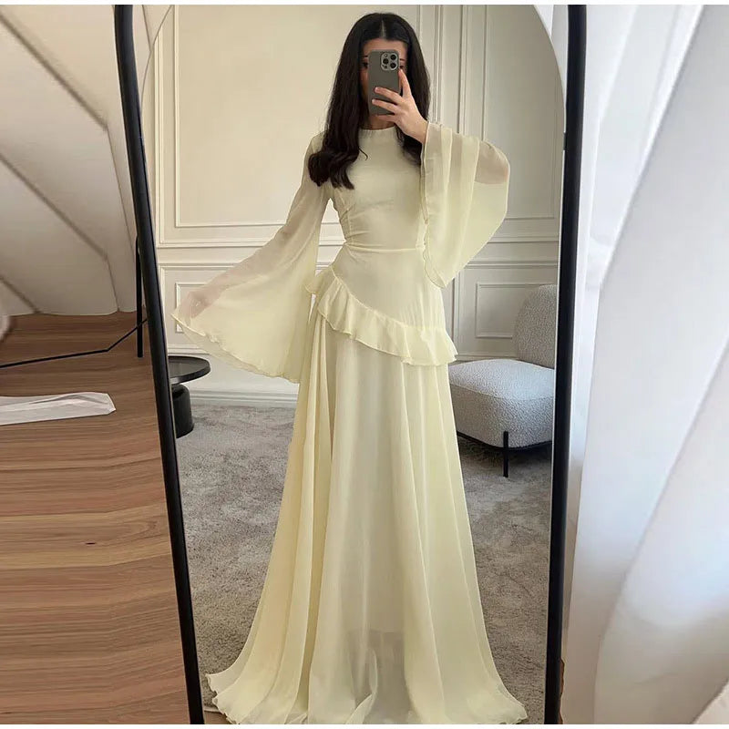Fashion Flare Sleeve Ruff Long Dress Women Solid O-neck High Waist Slim Pleated Maxi Dresses 2025 Lady Summer Chic Party Robes