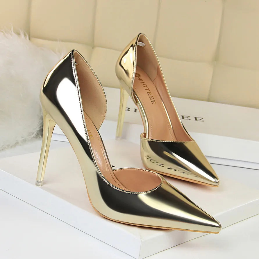 Women 10.5cm High Heels Pumps Lady Stripper Stiletto Metallic Leather Scarpins Wedding Heels Catwalk Party Silver Gold Shoes