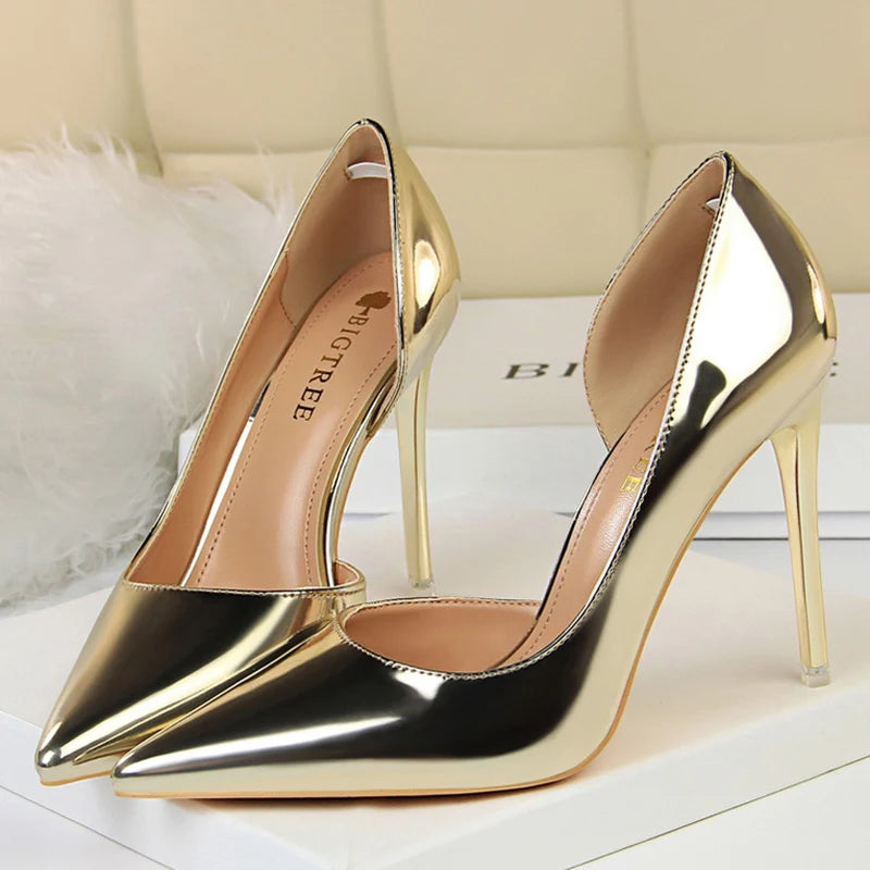 Women 10.5cm High Heels Pumps Lady Stripper Stiletto Metallic Leather Scarpins Wedding Heels Catwalk Party Silver Gold Shoes