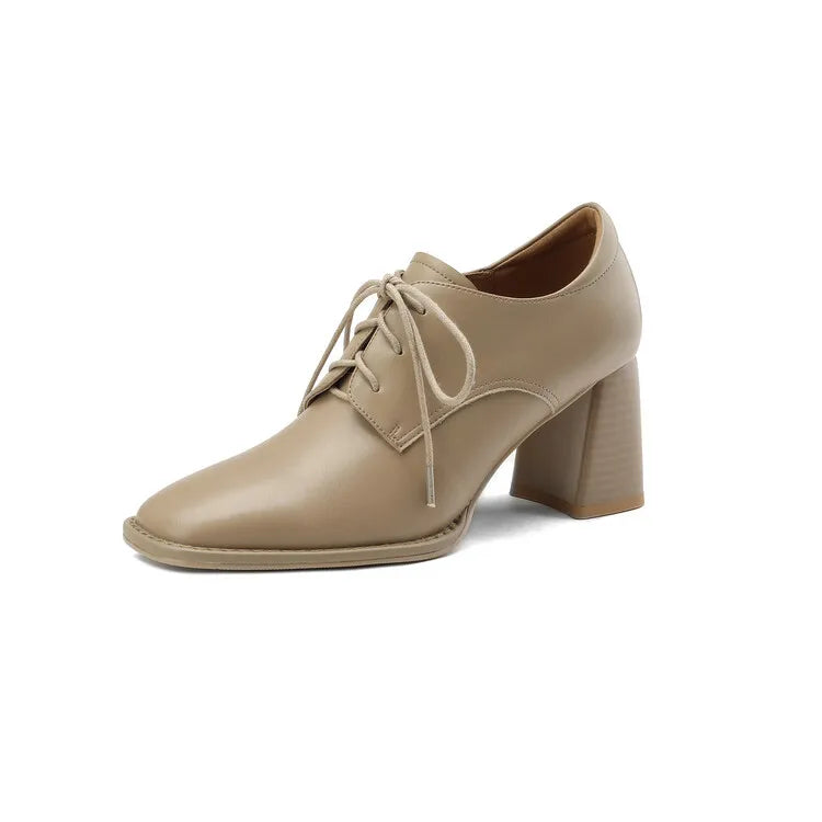 NEW Spring/Autumn Women Loafers Square Toe High heels Split Leather Chunky Heel Pumps Women Plus Size Retro Lace Up Black Shoes