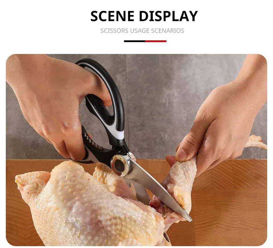 Stainless Steel Kitchen Scissors Multifunctional Household Chicken Bone Scissors With Lid Can Be Opened To Clip Walnuts