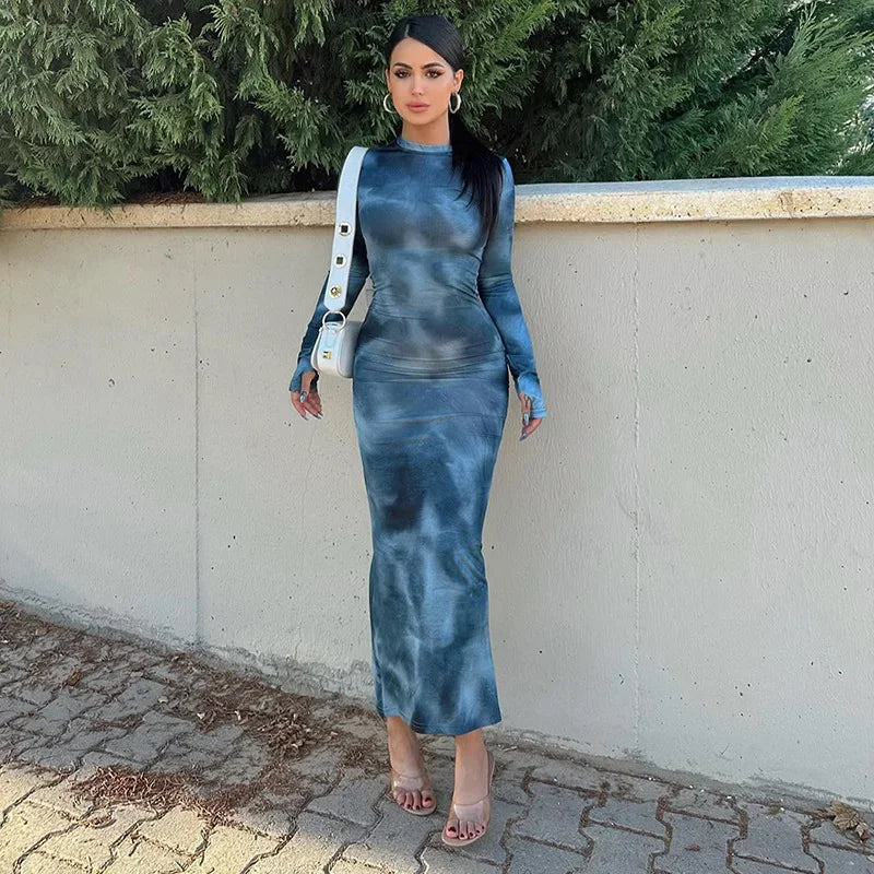 Women's Summer Long Dress Elegant O Neck Long Sleeve Evening Dress Women Fashion Tie-dye Street Vacation Party Club Long Dresses