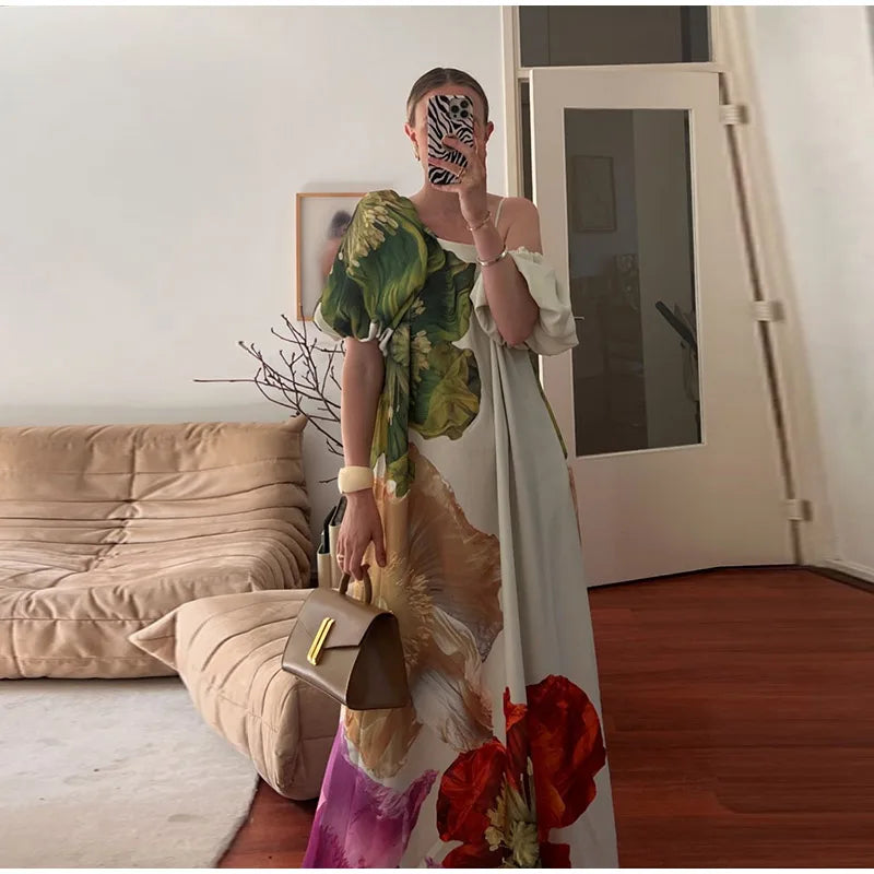 Elegant Pleated Backless Split Long Dress Women Sleeveless High Waist Green 2025 Summer New Holiday Party Dresses Street Robe