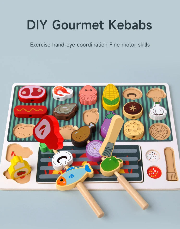 Simulation Kitchen Pretend Toy Wooden Toddler DIY BBQ Toy Set Classic Game Montessori Educational Toy For Children Kids Gift