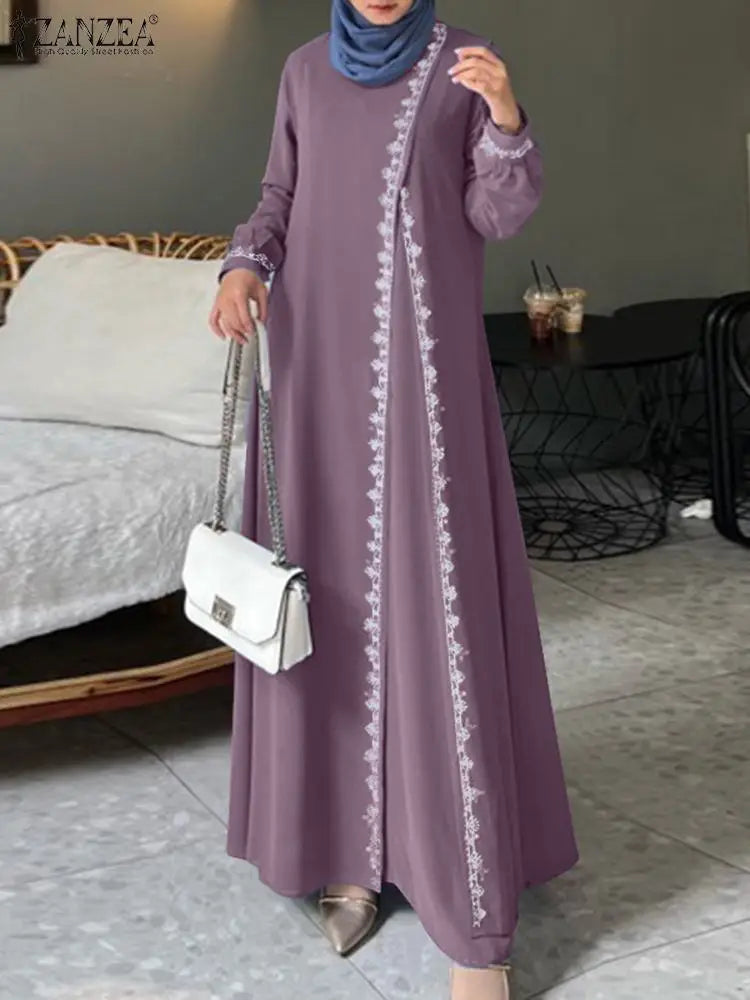 ZANZEA Autumn Women Long Sleeve O Neck Muslim Maxi Dress Kaftan Elegant Lace Crochet Loose Turkey Abaya Vestidos Islamic Dresses