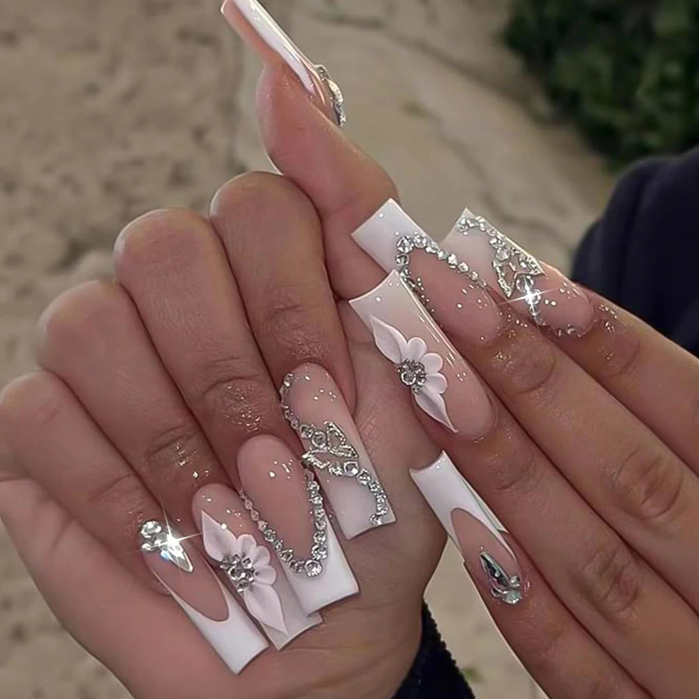 24Pcs Retro Flower Long Coffin French Fake Nails Caviar Bead Floral Gold Hollow Design Press On Nail Tips Y2k Acrylic 2030