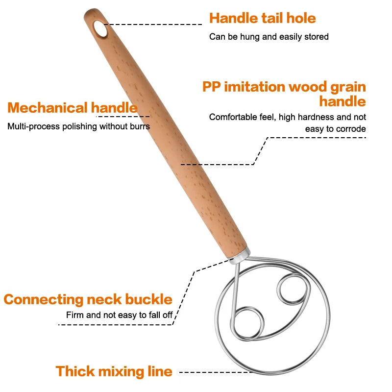 10 Inch Creative Hand Blender DIY Danish Bread Stainless Steel Bakeware Dough Whisk Egg Beater Mixer Tool Wood Handle