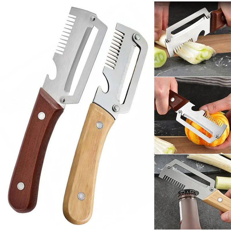 Multipurpose Vegetable Peeler Stainless Steel Kitchen Tool Wooden Handle Cutter For Scallion Potato Fruit Asparagus Winter Melon