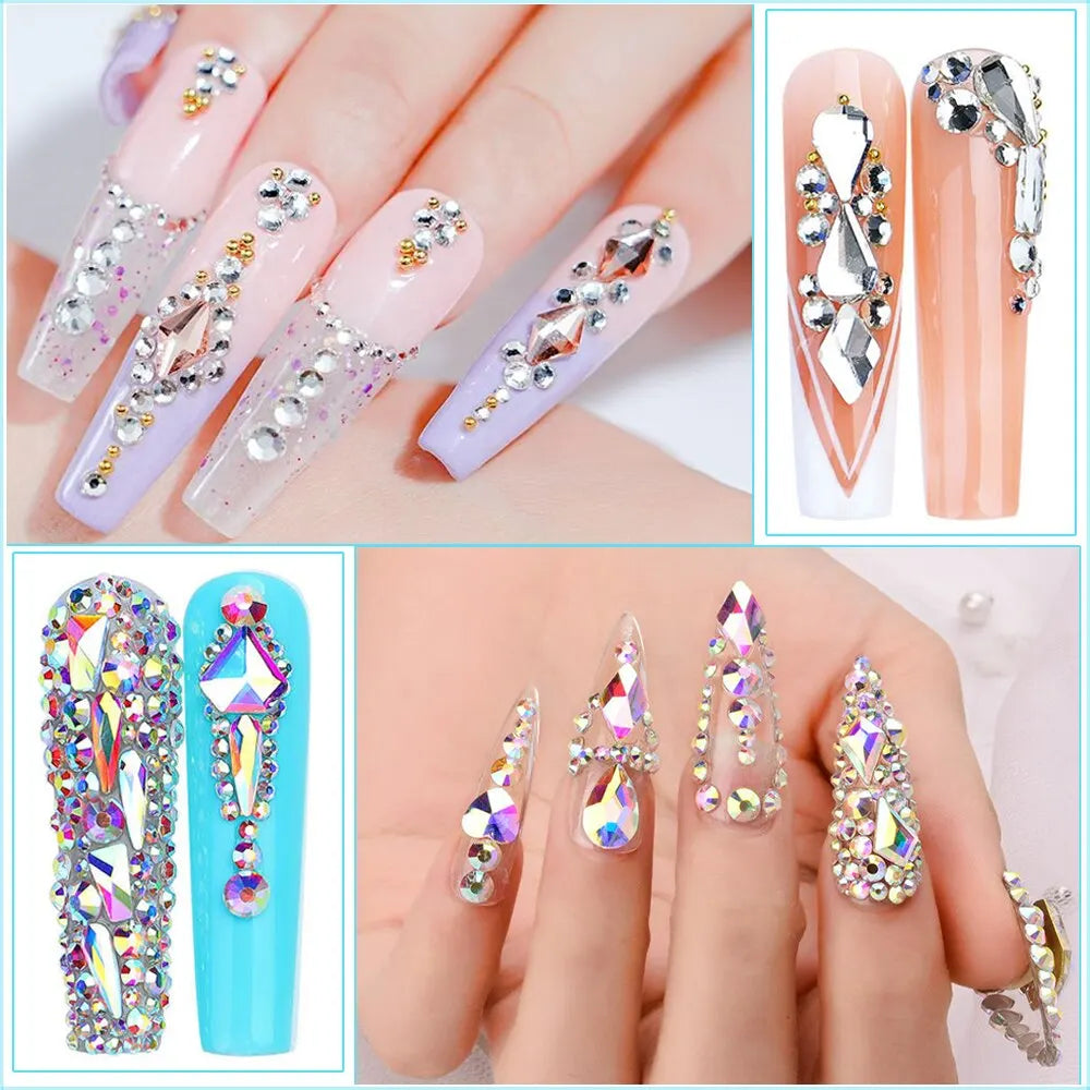 12 Grids Multi Sizes Clear Crystal AB Nail Rhinestones Set DIY Nail Art Decoration Diamonds with Tools Nails Accessories