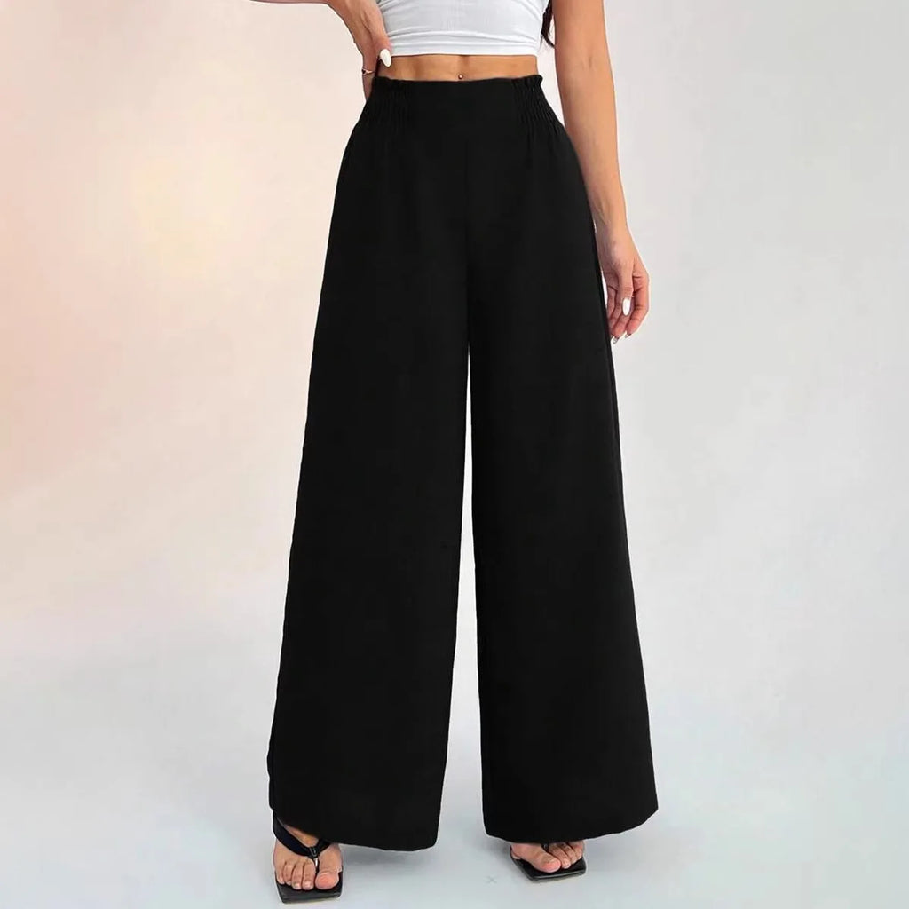 Cross-Border Women's Wide Leg Pants Elastic Pure Color Loose Fit Trousers Fresh Sweet Style Polyester Fabric Casual Pants
